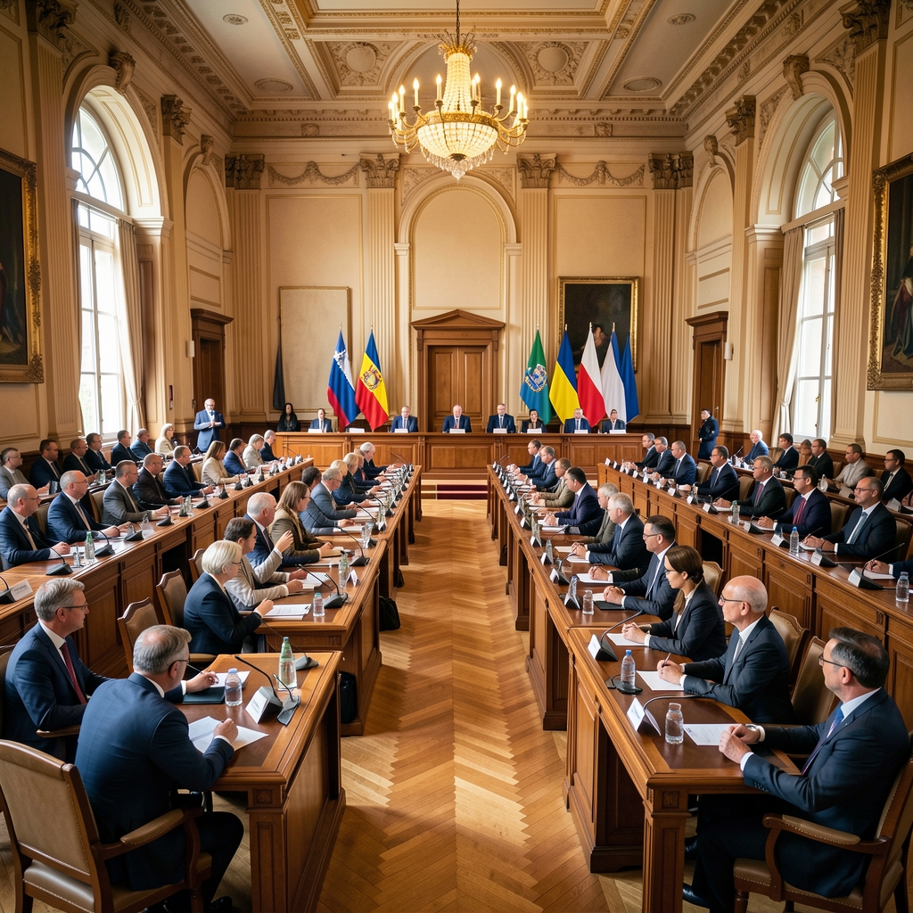 Međunarodna diplomatska konferencija u Bruxellesu s delegatima za stolovima u kongresnoj dvorani