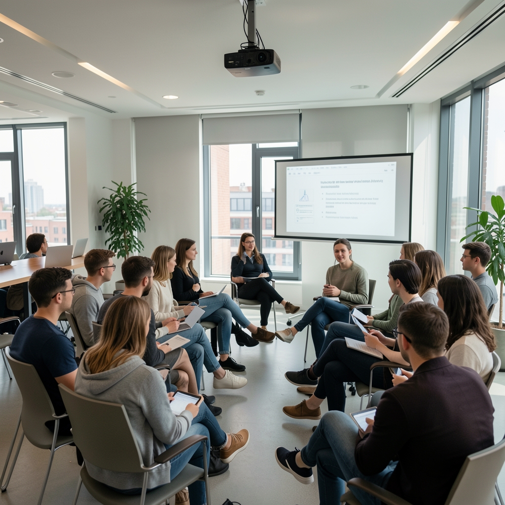 Startup konferencija u modernoj dvorani s projektorom i publikom mladih poduzetnika koji slušaju predavanje