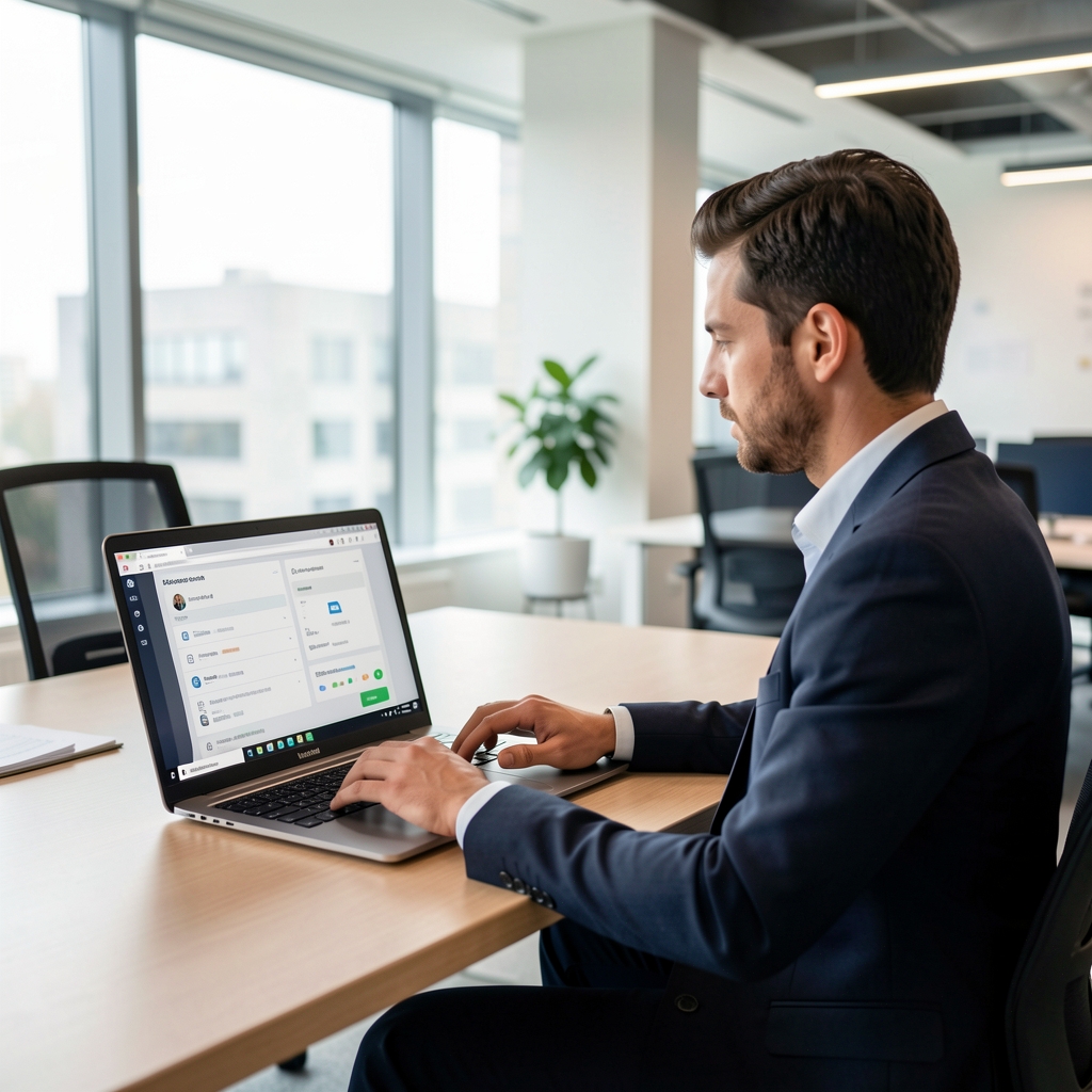 Osoba radi na prijenosnom računalu u modernom co-working prostoru s digitalnim ekranima