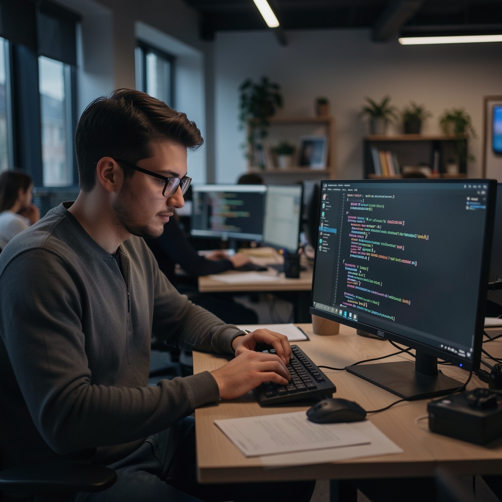 Mladi programer s naočalama radi na kodu u tamno osvijetljenom coworking prostoru, zasloni pokazuju redove programskog koda